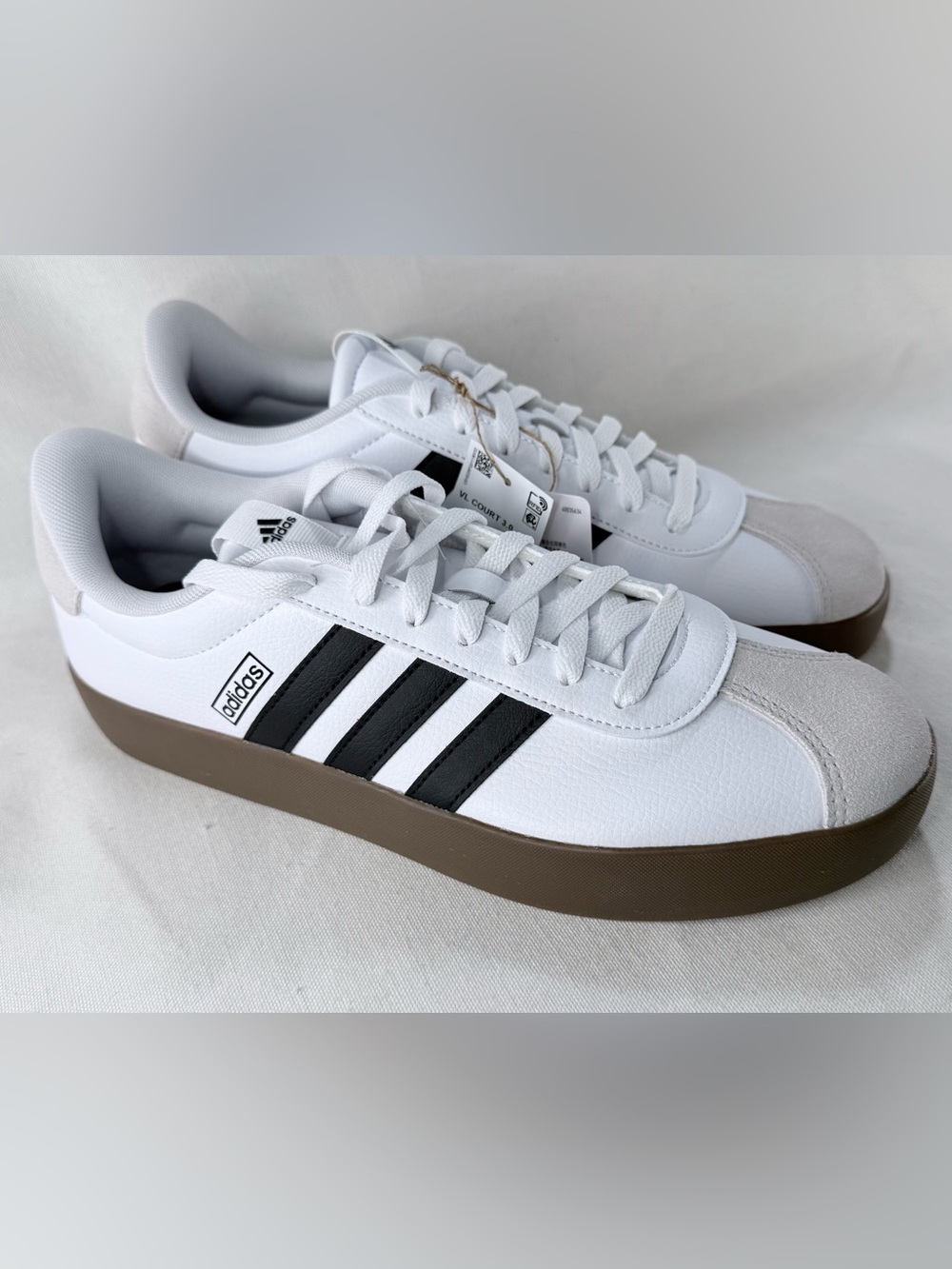 adidas VL Court 3.0 Men’s White Sneakers with Black Stripes & Brown Sole ID6285